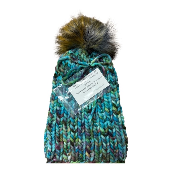 Hand knit blues/greys/greens variegated knit hat with faux fur pom main image 6